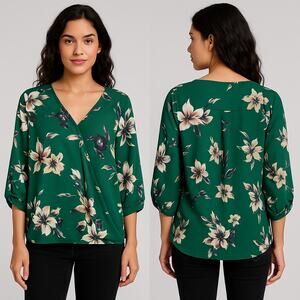 West Kei Blouse Women XS Green Floral Surplice 3/4 Sleeve Draped Top Workwear
